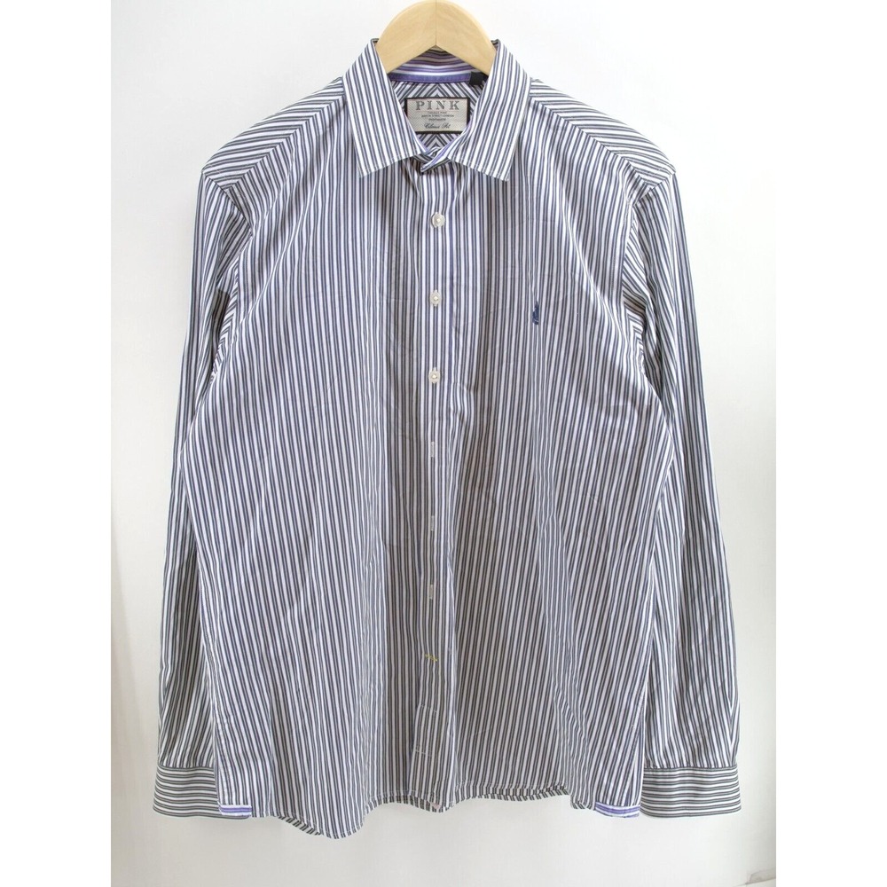 THOMAS PINK Mens Navy White Striped Casual Fit Button-Down Shirt LARGE‎
